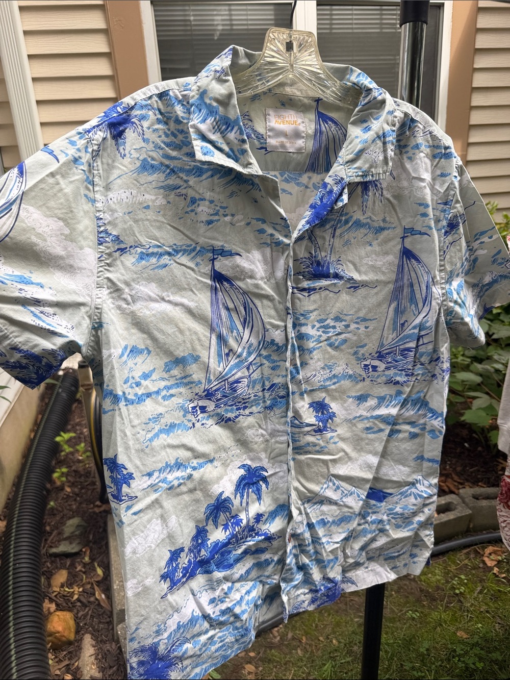 Blue Sailboat Print Men's Short-Sleeve Shirt Jacket